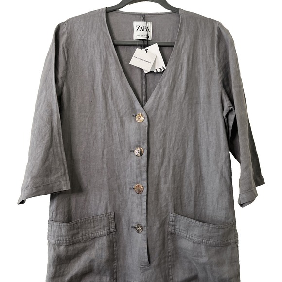 ZARA Lillian Jumpsuit SMALL 100% Linen Gray Blogger Fav Utility Lagenlook Romper - Picture 1 of 7